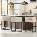 26" H Counter Height Bar Stools Set of 3, Modern Barrel Counter Stools with Backrest and Arms, Linen Fabric Upholstered Accent Barstools for Kitchen Island, Support 450 LBS, Beige