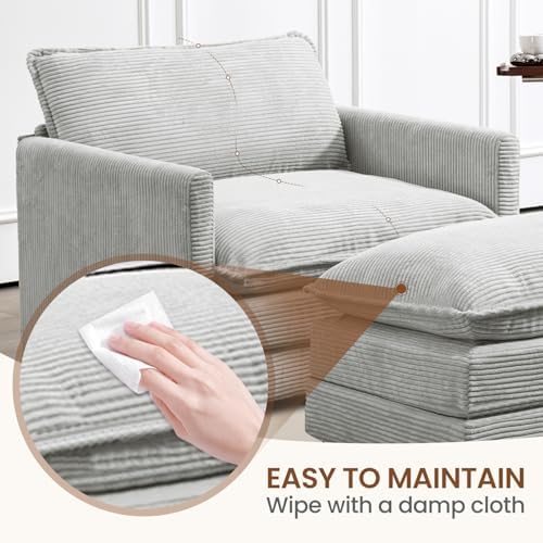 ROWHY 41'' Single Armchair with Ottoman, Modern Corduroy Cloud Couch with Convertible Chaise, Upholstered Sofa Set for Living Room, Light Grey