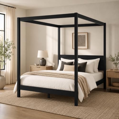 Solid Pine Canopy Bed Frame, Queen - Matte Black Painted Finish