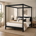 Solid Pine Canopy Bed Frame, Queen - Matte Black Painted Finish
