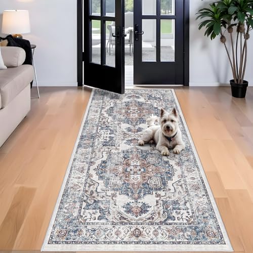 Washable 4x8 Hallway Area Rug: Vintage 8ft Water Resistant Soft Runner Rug for Entry Kitchen Non Slip Wide Low Pile Carpet for Living Room Bedroom Thin Floor Mat for Bathroom Dining Room(Brick,4x8)