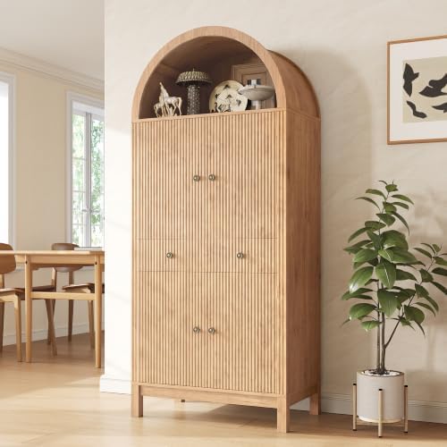 Apicizon 70" Tall Arched Kitchen Pantry Cabinet, 6-Tier Modern Fluted Wood Storage Cabinet with Doors Drawer & Adjustable Shelves, Farmhouse Cupboard Organizer for Dining Room, Bathroom, Natural