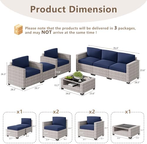 LOUVIXA 7 Piece Outdoor Patio Furniture Set, Rattan Chairs Glass Table Wicker Conversation Seating Sectional Sofa with Cushions (Grey White-Navy, 7Pcs-2 Layer Coffee Table)