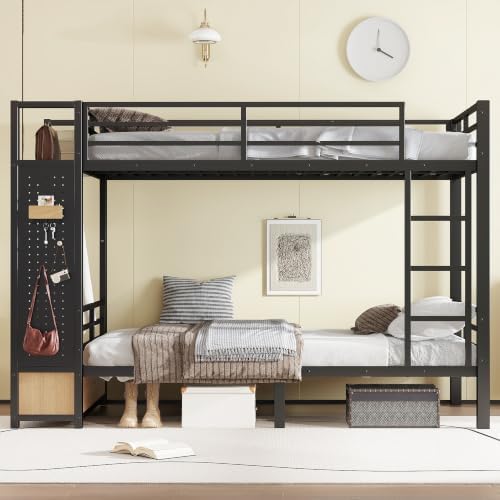 Bellemave Twin XL Over Twin XL Size Metal Bunk Bed with Storage Shelves and Drawers, Heavy Duty Bunk Beds with Clothes Hooks for Adults, Teens, Kids, Black