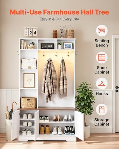 VEVOR Hall Tree with Bench and Shoe Storage, 39" Wide, Entryway Hall Tree with Bench, Hanging Hooks, Storage Shelves, Adjustable Shoe Shelves, LED Light, Wooden, for Mudroom, Entryway, Hallway, White