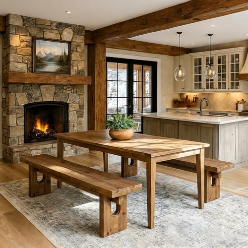 63" Solid Wood Bench, Extra Long Farmhouse Dining Bench for Kitchen Table, Rustic Wooden Entryway Bench, End of Bed Indoor Seating, Natural Brown