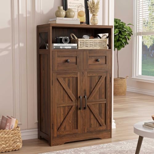 Walnut Farmhouse Storage Cabinet with Drawers, Small Kitchen Pantry Cabinet
