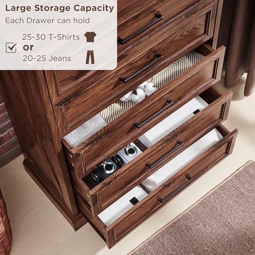 ACCOHOHO Farmhouse 5 Drawers Dresser Chests for Bedroom, Brown