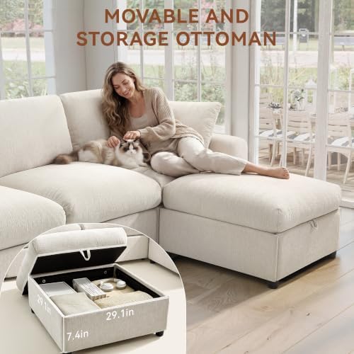 Ihanherry Oversized Cloud Sectional Couches for Living Room, Modular Sectional Sofa with Wide Deep Seat, Coner Couch with Throw Pillow and Storage Ottoman, Beige