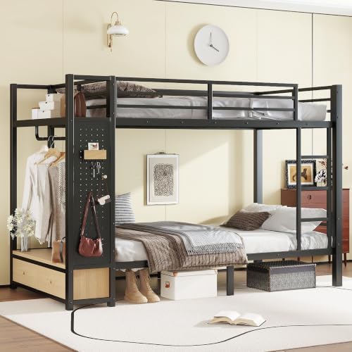 Bellemave Twin XL Over Twin XL Size Metal Bunk Bed with Storage Shelves and Drawers, Heavy Duty Bunk Beds with Clothes Hooks for Adults, Teens, Kids, Black