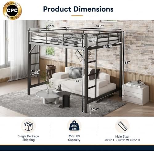 Bellemave Queen Loft Bed, Metal Round Pipe, Dual Ladders, Save Space, Black