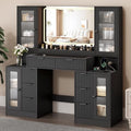 55" Vanity Desk with Mirror & Lights, Fluted Makeup Vanity with 8 Drawers & 4 Cabinets, Tempered Glass Top, RGB Cabinet Lighting, 3-Color Dimmable Mirror, and Charging Station