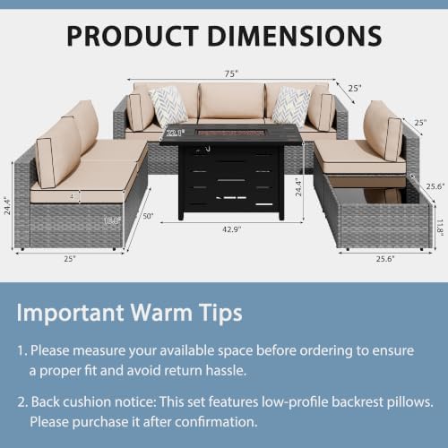 Shintenchi 8 Piece Outdoor Patio Furniture Set with 43 Inch Propane Fire Pit, Washable Cushions, Glass Coffee Table, Waterproof Cover & CSA Certified for Backyard Poolside, Silver PE Rattan/Khaki