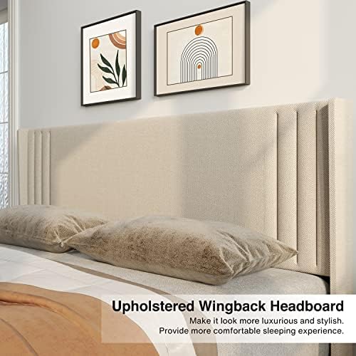 Gizoon Queen Bed Frame with Wingback Headboard, Upholstered Platform Bed