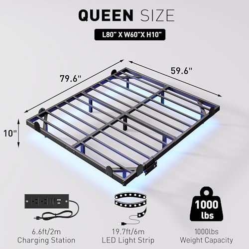 qimamo 10 Inch Floating Queen Bed Frame with Smart LED Lights and Charging Station, Modern Metal Queen Bed Frame, Easy to Assemble, No Box Spring Needed (Queen)