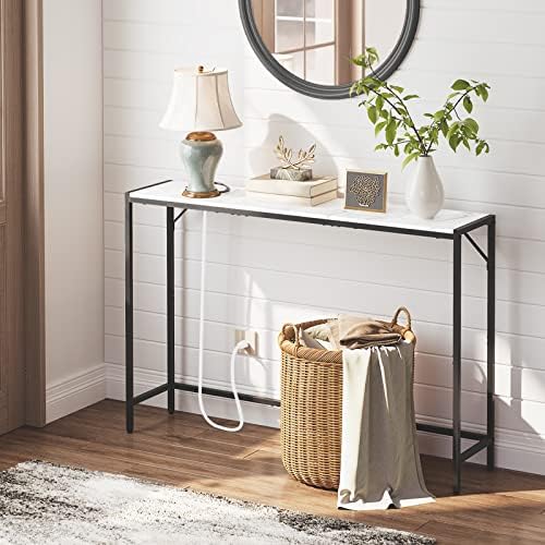 MAHANCRIS Console Table, Narrow Sofa Table Behind Couch, 43.7” Entrance Table with Power Station, Simple Style, for Living Room, Hallway, Entryway, Foyer, Marble and Black CTHM112E01