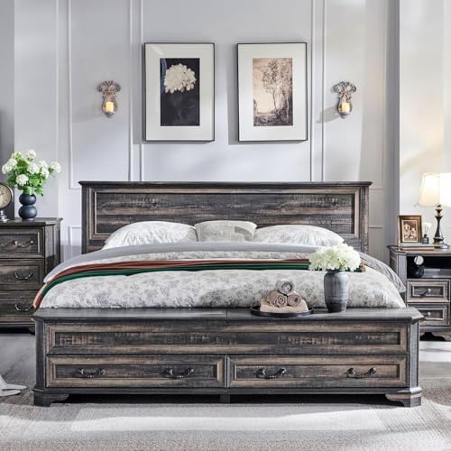T4TREAM Farmhouse King Bed with Headboard and Storage Bench