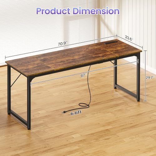 PRAISUN 70 X 24 Inch Computer Desk, Power Outlets, USB-C, Rustic Brown