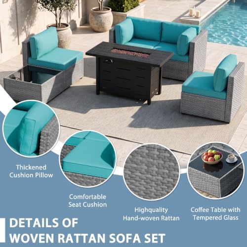 Shintenchi 6 Piece Outdoor Patio Furniture Set with 43 Inch Propane Fire Pit, Washable Cushions, Glass Coffee Table, Waterproof Cover & CSA Certified for Backyard Poolside, Silver PE Rattan/Blue