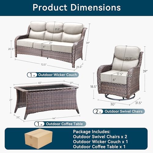 Luxury 4 Pieces Patio Furniture Set-Outdoor Swivel Rocker Patio Chairs with 6" Extra Thick Cushions, High Back Outdoor Couch and Coffee Table, Wicker Conversation Sets for Porch Deck(Brown/Beige)