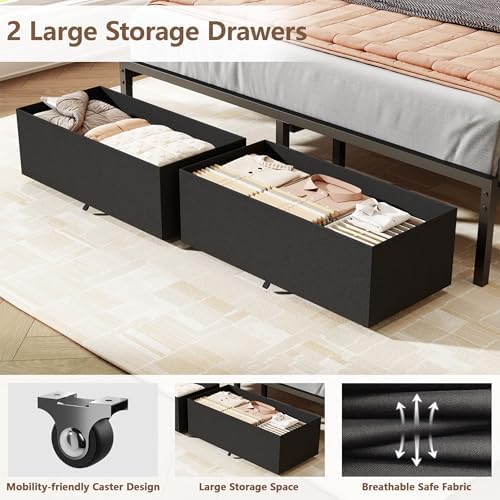 Furnulem Queen Bed Frame with Upholstered Headboard and 2 Storage Drawers