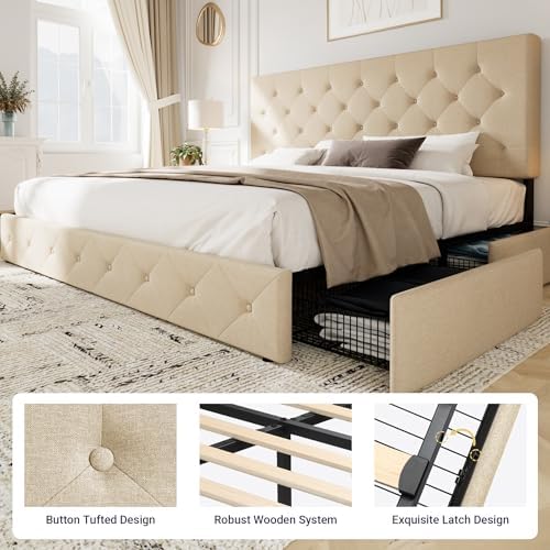 Allewie King Size Storage Bed Frame with 4 Underbed Drawers, Upholstered Platform Bed with Adjustable Headboard, Diamond Button Tufted, Easy Assembly, Noise-Free, No Box Spring Needed, Beige