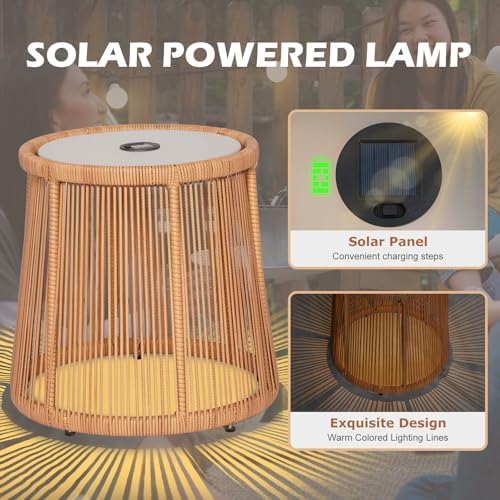 3 Piece Outdoor Wicker Furniture Bistro Set, Rattan Chairs Conversation Sets with Solar Light, Wicker Patio Furniture for Balcony Poolside Backyard, Beige