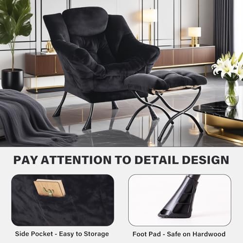 Tiita Lazy Chair with Ottoman, Comfy Reading Accent Chair, Plush Black