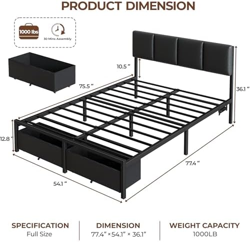 Furnulem Full Size Bed Frame with PU Upholstered Headboard and 2 Drawers