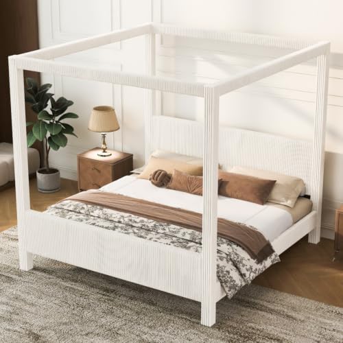 King Size Canopy Bed with Upholstered Headboard & Footboard, Beige