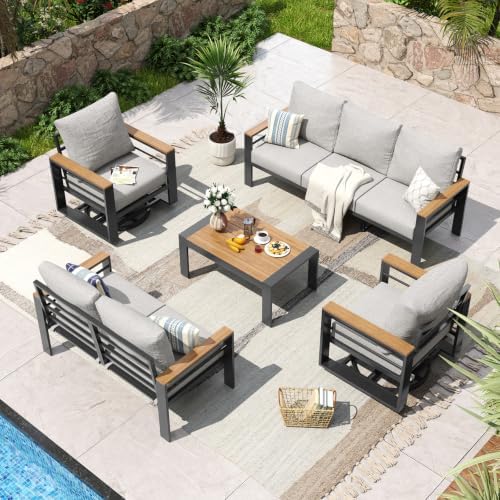 Aoxun Aluminum Patio Furniture Set 7 Seats with Swivel Chair, Oversized Outdoor Sectional with Washable Thick Cushions, Coffee Table, Patio Conversation Sets for Porch, Balcony, Deck