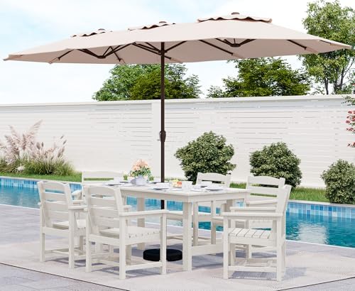 SERWALL HDPE Dining Set with Umbrella, Outdoor Dining Set for 6, White