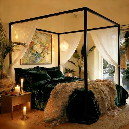 YITAHOME Canopy Bed Frame, Four Poster Platform Bed with USB Charging Station, Metal Bed Frame with Slats Support, 12.4 inch Underbed Storage, No Box Spring Needed, Black, Queen Size