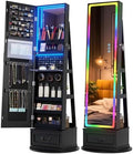 Vlsrka LED Mirror Jewelry Cabinet with Lights, 360° Swivel, Black | Lockable Mirror with Storage, Standing Jewelry Armoire Organizer, Touch Screen, RGB Modes for Bedroom, Gift for Women