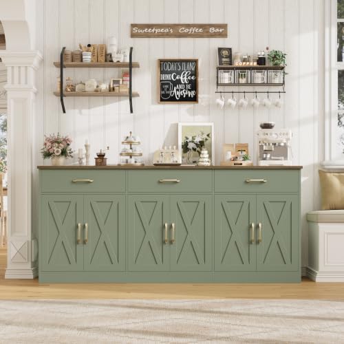 HOSTACK 71" W Kitchen Sideboard Buffet Cabinet with Storage, Green/Brown