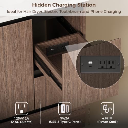 IRONCK 30-Inch Bathroom Vanity with Ceramic Sink, Modern (Walnut Brown) | Power Outlet | Freestanding | Divided storage | Hiddle Handle | Soft-Close Hinges