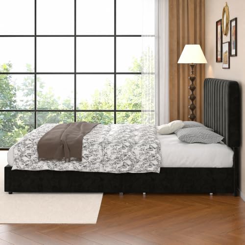 VECELO King Size Upholstered Bed Frame with 4 Drawers and Headboard, Velvet Platform Storage Bedframe, Wooden Slats Support, No Box Spring Needed,Black