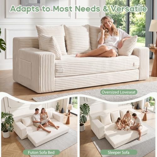 Boneless Couch for Living Room, 3 Seater Convertible Sofa Bed in Box, Beige