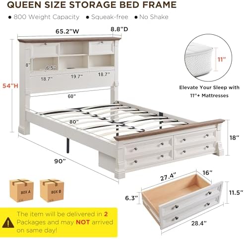 Wood Queen Size Bed Frame with 54" Tall Storage Headboard Charging Station