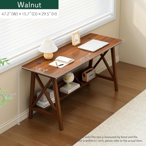 NELYE Extra Long Writing Desk with Bookshelf, 47" Wx16 Dx30 H, Walnut