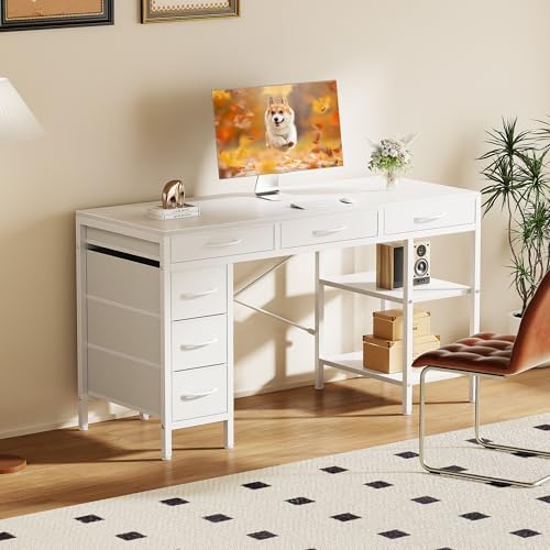 Sweetcrispy 55" Computer Desk with 6 Fabric Drawers & Storage Shelves