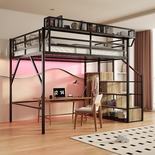 Queen Size Metal Loft Bed with Reversible Stairs and LED & USB Port