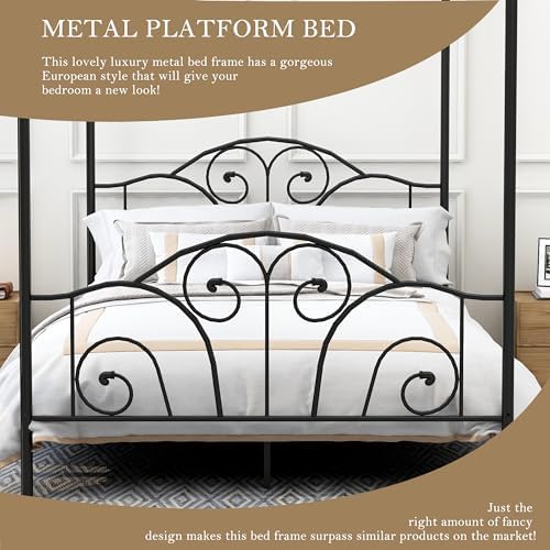 Full Size Four-Poster Metal Canopy Bed Frame,Black