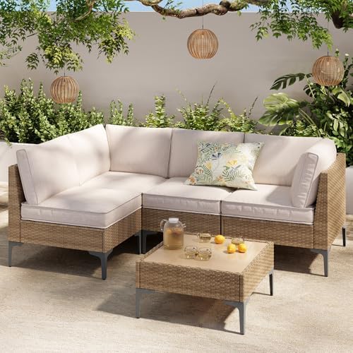 5-Piece Patio Furniture Set, Outdoor Wicker Sectional Sofa with Coffee Table, Anti-Slip & Thick All-Weather Cushions for Party, Garden, Backyard, Beige