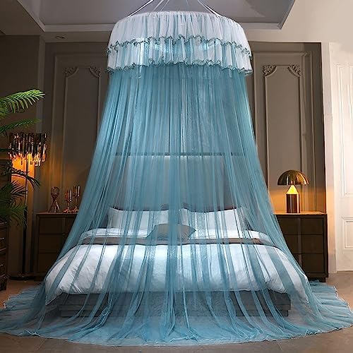 Kertnic Mosquito Net Bed Canopy for Girls, Princess Canopy Bed Curtain Fine Sheer Mesh Dome Bed Canopies, Girls & Adults Lace Tent for Twin Full Queen King Bed (Lake Blue)
