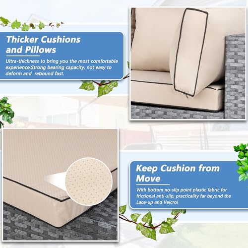 Shintenchi 7 Piece Outdoor Patio Furniture Set with Silver PE Rattan, Khaki