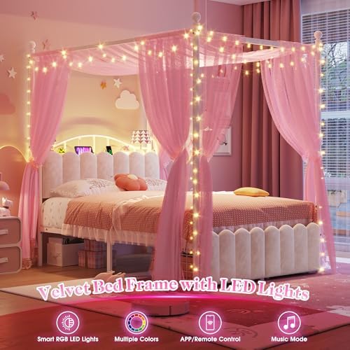 Homkdom Full Canopy Bed Frame with 2 Drawers & LED & Charging,White