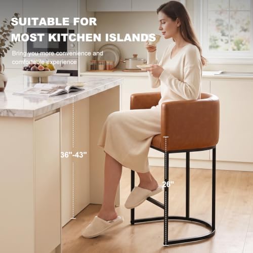 26" H Counter Height Bar Stools Set of 1, Modern Barrel Counter Stools with Backrest and Arms, Faux Leather Upholstered Accent Barstools for Kitchen Island,Support 450 LBS (Walnut Brown