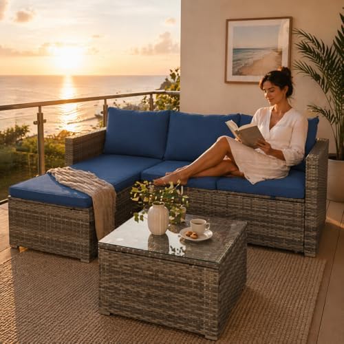 SUNLEI Patio Furniture Set with Detachable Soft Cushions, Outdoor PE Rattan Patio Conversation Sofa Set, 3-Piece Patio Sectional Sofa with Glass Coffee Table (Silver Rattan&Royal Blue)