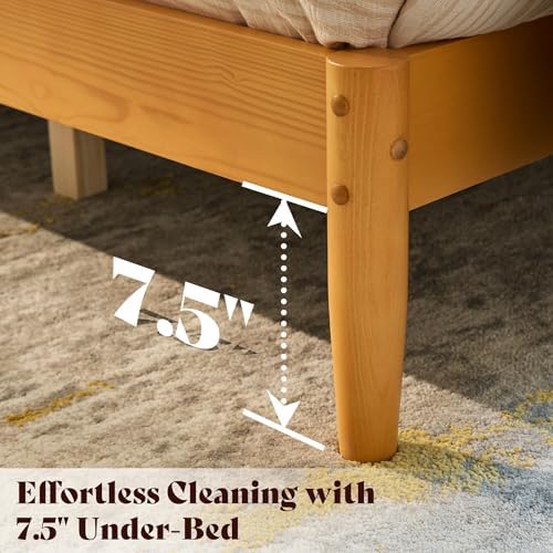 AMERLIFE Solid Wood King Bed Frame, Mid Century Bed with Headboard, Natural